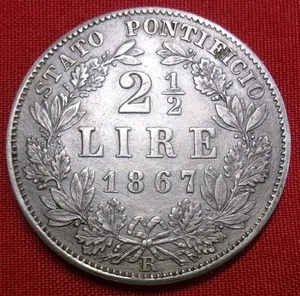 2,5 Lire Kirchenstaat 1867 Pius IX Silber Rom R seltene Papstmünze Arg - Bild 1 von 2