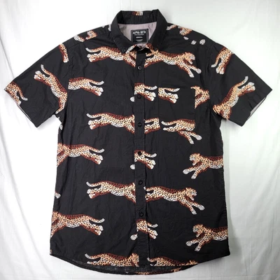 Camisa ALPHA BETA Para Hombre Pequeña Abotonada Negra Leopardo Estampado Animal Manga Corta Foto 1 de 4
