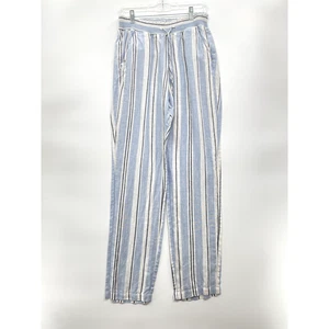 Guess Vertical Striped Pants Women’s Size Medium Blue Stretch Waist Draw String - Picture 1 of 11