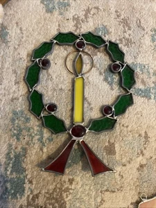 Vtg Stained Glass 10” Christmas Holly Wreath Candle Heavy Lead Suncatcher - Picture 1 of 6