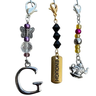 Lot of 3 Purse Charms TEAPOT, G Zipper Pull ENOUGH Key Chain Book Bag Clip - Image 1 of 3