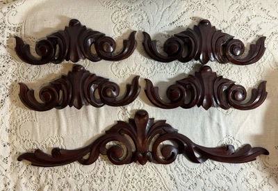 Lot Of 5 Stained Hand Carved Wood Pediment Header Furniture 20” & 9.75” - Image 1 of 4