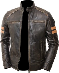 Chaqueta de cuero de cordero envejecida acolchada de motociclista retro café chaqueta de corredor para hombre - Imagen 1 de 3