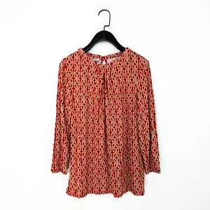 Hobbs Red Gold Chain Print Keyhole Neck Jersey 3/4 Sleeve T-Shirt Top - Size S - Picture 1 of 19