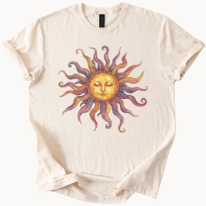 Boho Sun Shirt Unisex Natural Ivory Color Retro Celestial Sun Cotton Summer - Picture 1 of 4