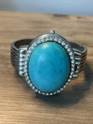 Vintage Genoa Faux Turquoise Domed Watch with Rhinestones Cuff Flex Band - Image 1 of 4
