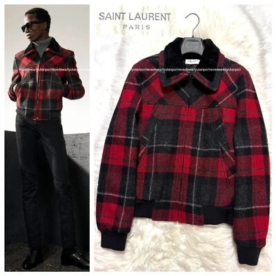 Auténtico modelo de colección, Saint Laurent Paris, chaqueta a cuadros cuello piel rojo Foto 1 de 4