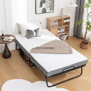 75x38Portable Folding Bed Metal Frame Rollaway Bed w/Memory Foam Mattress&Wheels - Picture 1 of 10