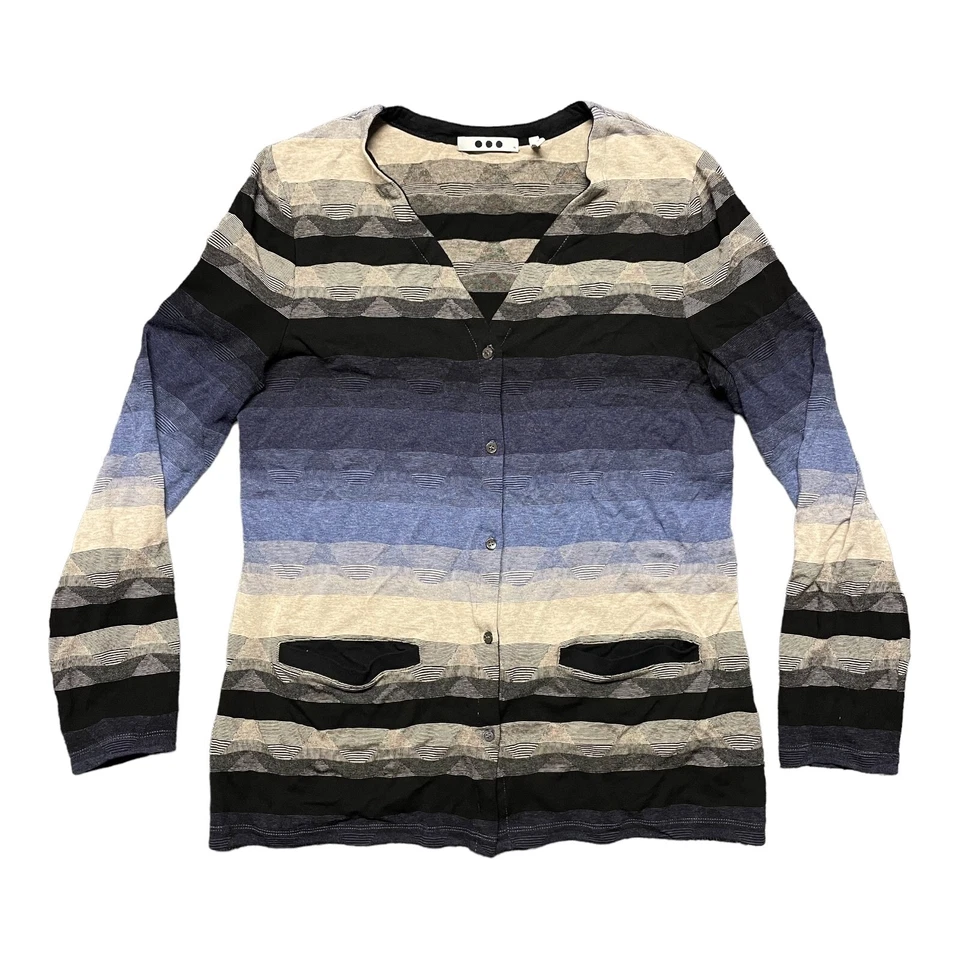 Suéter para mujer THREE DOTS azul a rayas cuello en V botón bolsillos delanteros cárdigan Foto 1 de 4