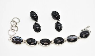 Brazalete/pendientes de cadena de cabujón ovalado ágata blanco y negro 7-8" plateado-T Foto 1 de 4