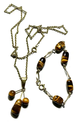 Vintage Amerikaner Gold Double Kette Anhänger Armband mit Tigerauge schönes Set - Bild 1 von 4