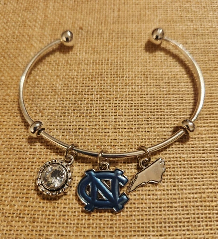 UNC North Carolina Tarheels Cuff Bangle Silver Bracelet with 3 Charms Cover