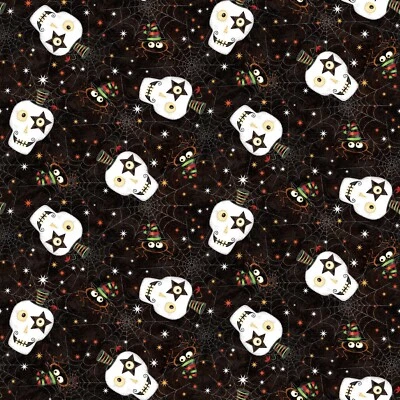 Hello Glow "BRILLA EN LA OSCURIDAD" Cabezas Calavera Negras 100% Algodón Tela por yarda Foto 1 de 2