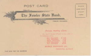 1907 PC Esemplare Pubblicità Cartolina FOWLER STATE BANK Colorado L D WHITAKER - Foto 1 di 2