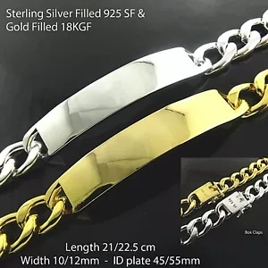 ID Bracelet 18K Gold 925 Sterling Silver Filled Solid Men's Identification Cuff - Picture 1 of 11