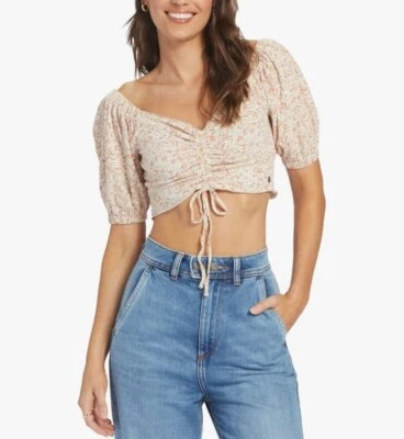 Top corto ROXY Flirty Walk talla L marrón blanco floral cuello manga abullonada mezcla de algodón Foto 1 de 4