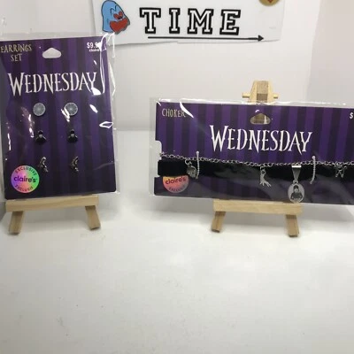 Claire's Exclusivo Halloween Miércoles Gargantilla Collar y Pendiente Conjunto x3 NUEVO Foto 1 de 4