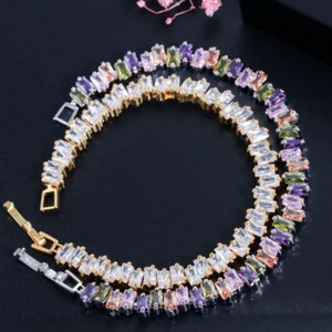 Luxury Gold Color White Cubic Zirconia Crystal Baguette Charms Women Bracelet - Picture 1 of 17
