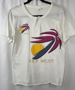 90s Airwaves Vintage Cruise KEY WEST Tropical Henley T Shirt Top Size L (42-44) - Picture 1 of 7
