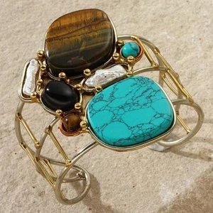 New Tara Mesa Turquoise, Tiger's Eye, Onyx & Keshi Pearl Cuff Bracelet - Picture 1 of 1