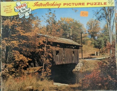 Vintage Tuco Interlocking Covered Bridge Fall Foliage Picture Puzzle Wood-Like - Image 1 of 2
