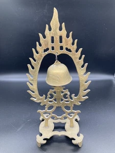 Vintage Brass Buddhist Bell On Stand Temple Shrine Meditation Tibet Religious - Picture 1 of 2