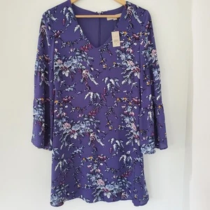 NWT LOFT 6 PETITE Purple Floral Print V-Neck Long Bell Sleeve Dress Feminine - Picture 1 of 13