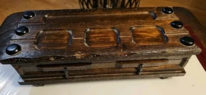 Rustic Wood Jewelry Box Chest Wood Handmade Red Felted 14x6x4 Stamped Japan  - Picture 1 of 13