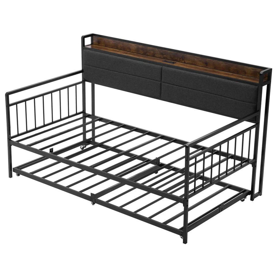 VEVOR Twin Size Daybed Frame Metal Day Bed with Trundle and Charging Station