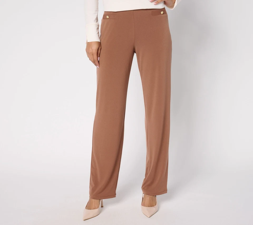 Susan Graver Regular Liquid Knit Straight Leg Pants with Button Detail Hazelnut - Image 1 of 1