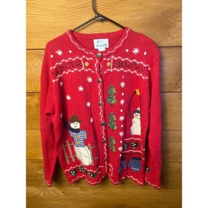 Quacker Factory Winter Snowman Red Christmas Cardigan Sweater Button up M Party - Picture 1 of 9