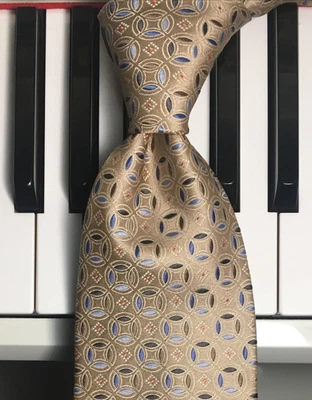 JONES NEW YORK / Sandy Gold Colored Geometric Silk Tie in Blues, Coral & Mocha - Image 1 of 4