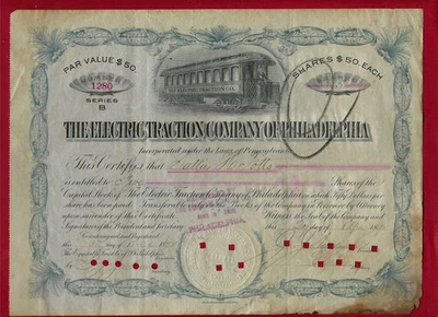 Philadelphia, PA 1894 Street Car STOCK CERTIFICATE, attractive with faults - Image 1 of 2