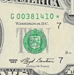 1993 $10 Star Note Chicago Star Note 3.2 Million Run G00381410* Memphis Zip Code - Picture 1 of 12