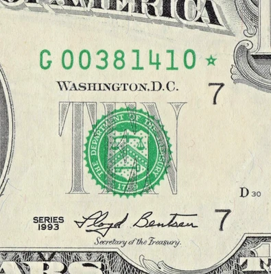 1993 $10 Star Note Chicago Star Note 3.2 Million Run G00381410* Memphis Zip Code - Image 1 of 4
