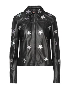 Women's Black lambskin Leather Jacket Silver Star Design Coat - Picture 1 of 5