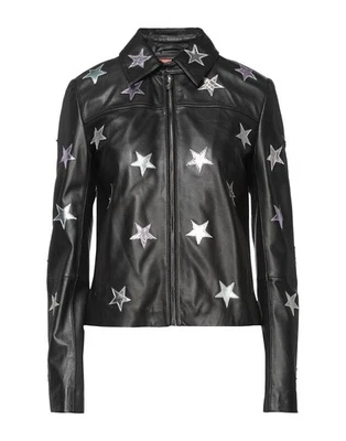  Chaqueta de cuero de cordero negra para mujer Abrigo con diseño de estrella plateada Foto 1 de 4