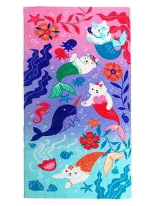 Kids Pink Purr Maid Mer-Kittens Cotton Beach Towel, 28x58 Kitty Cats - Picture 1 of 1