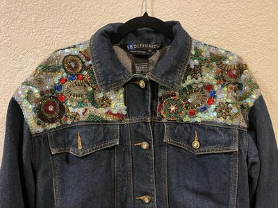 Chaqueta vaquera vintage IB Diffusion lentejuelas deslumbrante damas talla 10 Foto 1 de 4