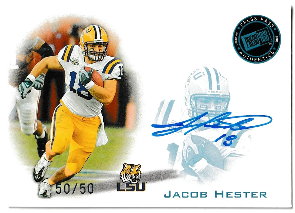2008 Press Pass Blue Ink Auto 50/50 (Bookend 1/1) Jacob Hester LSU Tigers - Image 1 of 1