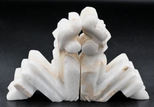 Vintage Carved Alabaster Marble Onyx Stone Tiki Aztec Mayan Bookends 4” Tall - Picture 1 of 6