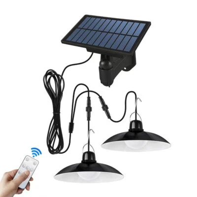 Solar Double Head Ceiling Pendant Light Remote Outdoor Indoor Garden Shed Lamp - Image 1 of 4