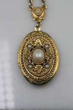 Vintage 1928 gold tone faux pearl locket pendant chain necklace 32"