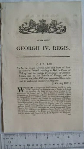 1828 Act of Parliament: felony Benefit of Clergy, larceny, etc. Ireland - Image 1 of 1
