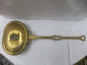 Antique Pierced Brass Chestnut Roaster Wall Hanging Length 55cm Pan 16x21cm - Picture 1 of 8