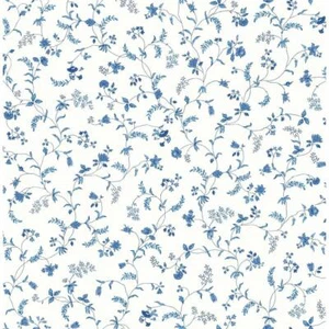 Wallpaper Blue Jacobean Mini Floral Vine on Eggshell White 56 sq ft / bolt - Picture 1 of 1