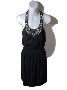 Bisou Bisou Womens Dress Size 12 Beaded Halter Neck Black Casual Mini NWOT - Picture 1 of 12