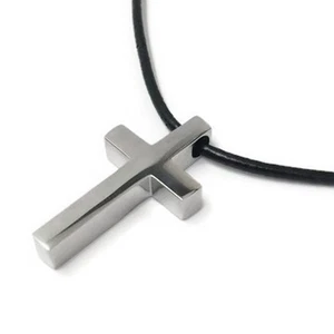 Mens Small Simple Stainless Steel Cross Pendant Necklace Black Leather (16 - 24) - Picture 1 of 5