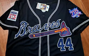 NEW Atlanta Braves #44 Hank Aaron 715HR Dual Patch Stitched LIMITED Jersey BLACK - Picture 1 of 8