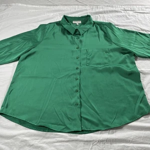 Blusa Skies Are Azul Curvilínea Verde Esmeralda Satén Sedoso Manga Larga Talla 2X - Imagen 1 de 12